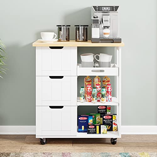 Shintenchi Rolling Kitchen Island Cart with Folding Drop Leaf Breakfast Bar, Portable Trolley Island with Large Storage Cabinet, Shelf and Drawer