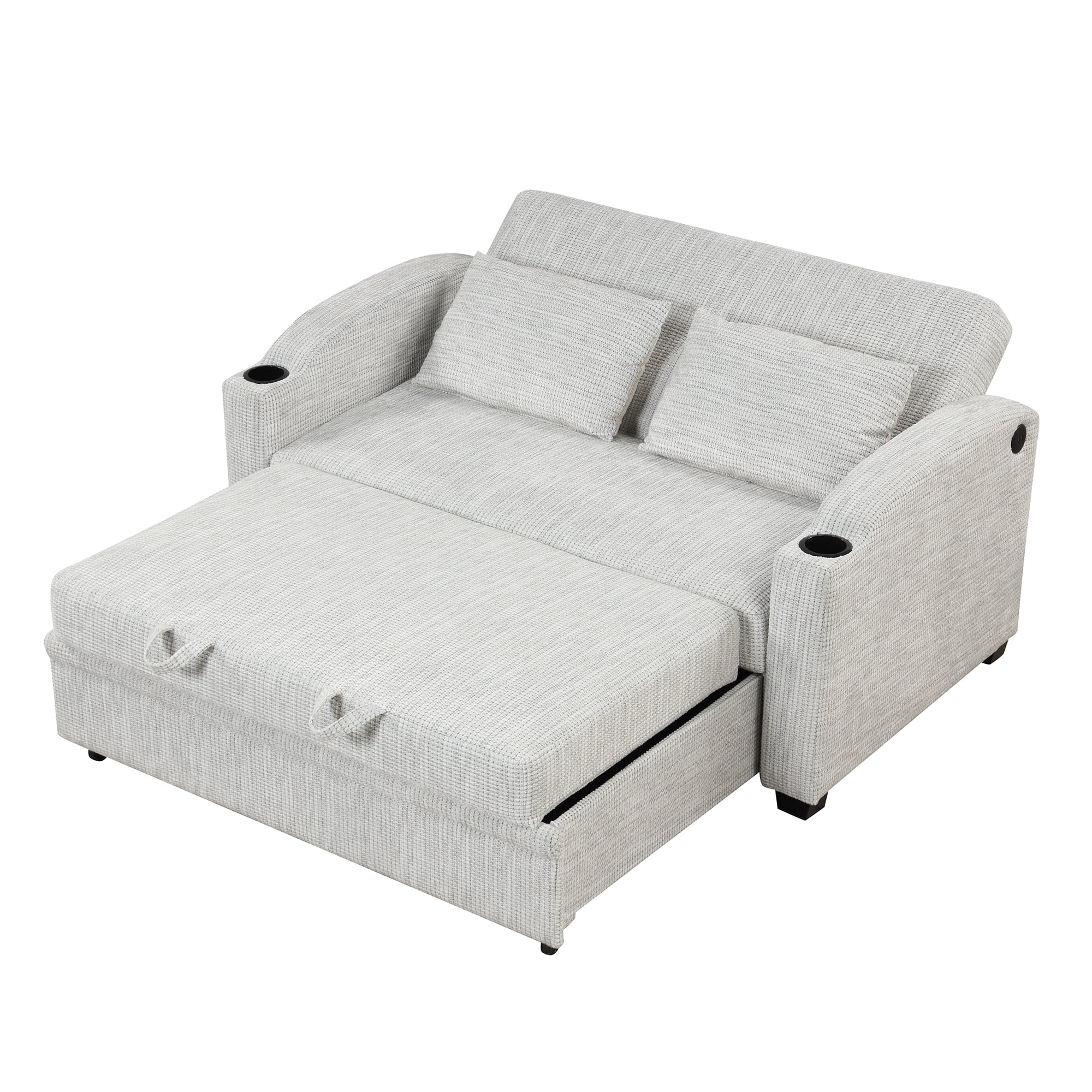 65" Pull Out Sofa Bed Modern Chenille Convertible Loveseat Sofa with Adjsutable Backrest, 2 Pillows, Cup Holders, USB Ports for Living Room