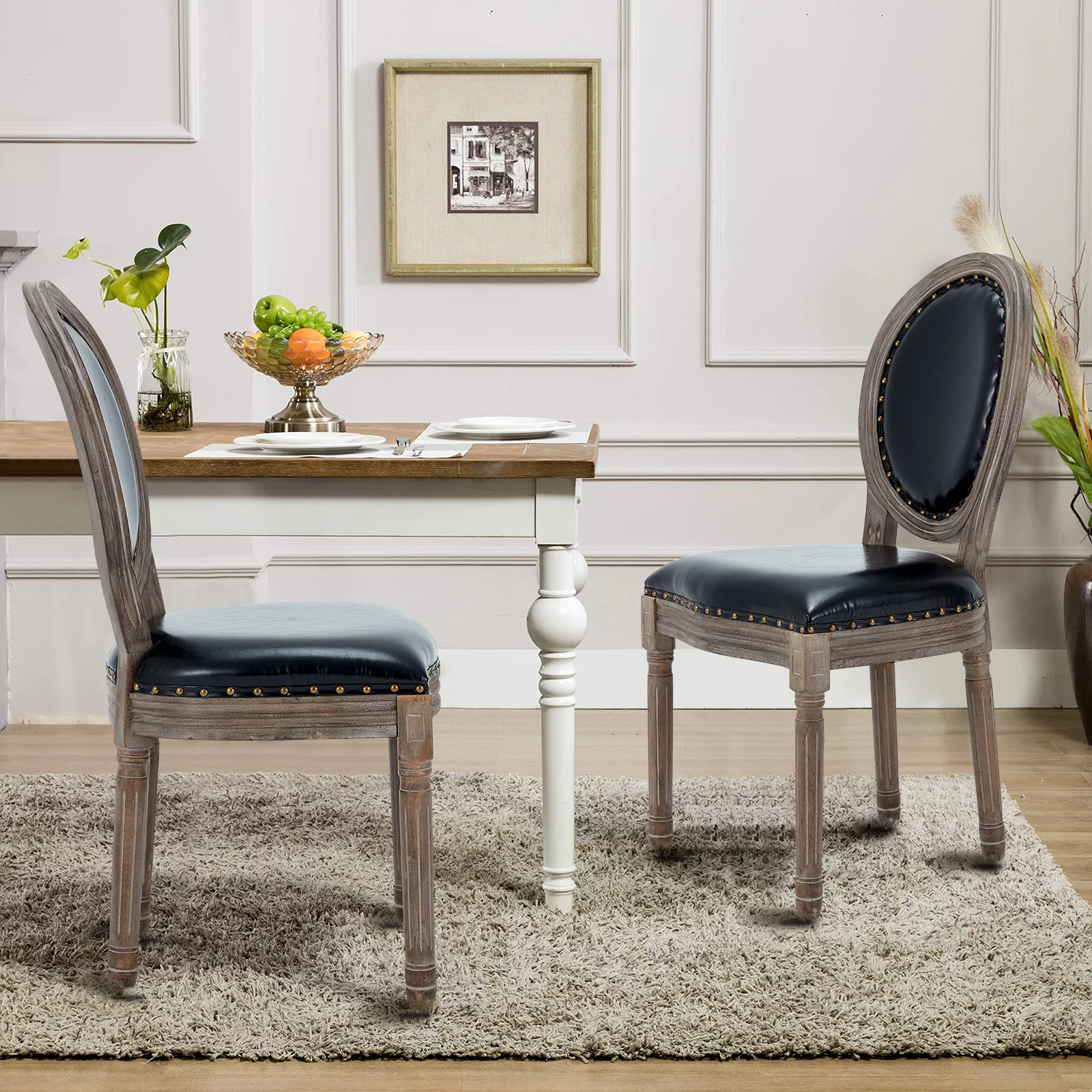 AVAWING Farmhouse Leather Dining Room Chairs 2 PCS, French Chairs with Round Back, Brown Wood Legs