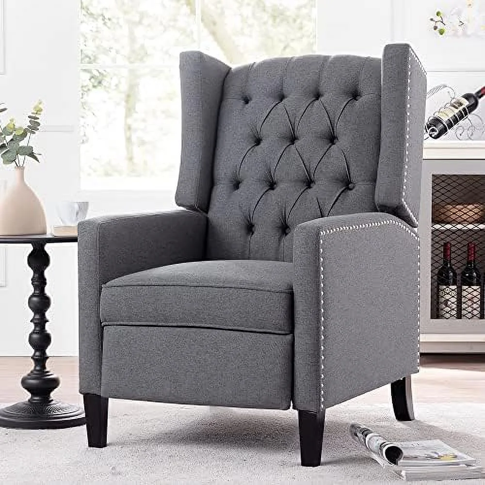 TJUNBOLIFE Pushback Recliner Chair Comfy Wingback Recliner Sofa Chair with Adjustable Backrest Tufted Fabric Accent Armchair with Vintage Rivets Trim