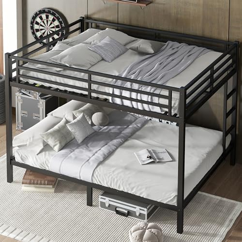 Heavy Duty Bunk Bed Frame with Ladder, Twin XL Over Twin XL Bunk Beds with Safety Guardrails, Adults Bunk Beds with Noise-Reducing Rubber Stoppers