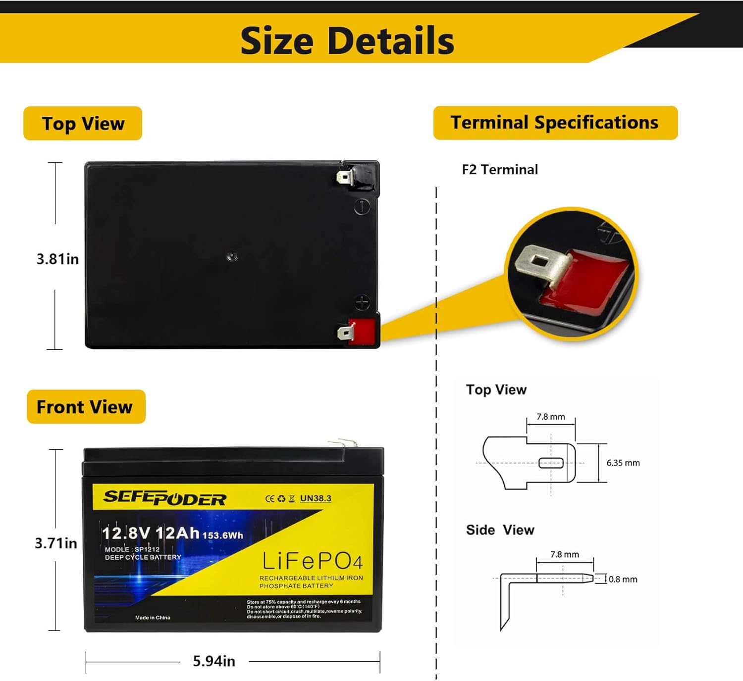 12V 12Ah LiFePO4 Lithium Ion Rechargeable Battery, 2000+ Deep Cycle Maintenance-Free Battery for Solar Power, UPS Backup, Lighting, Power Wheels