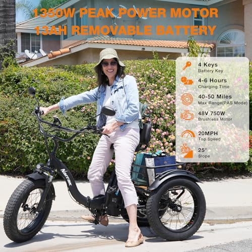 Electric Tricycle for Adults, 750W(Peak 1350W), 48V13Ah Ebike, 20"x4.0" Aluminum Folding Fat Tire 3 Wheel Electric Trike, Max 20MPH Hydraulic Brake