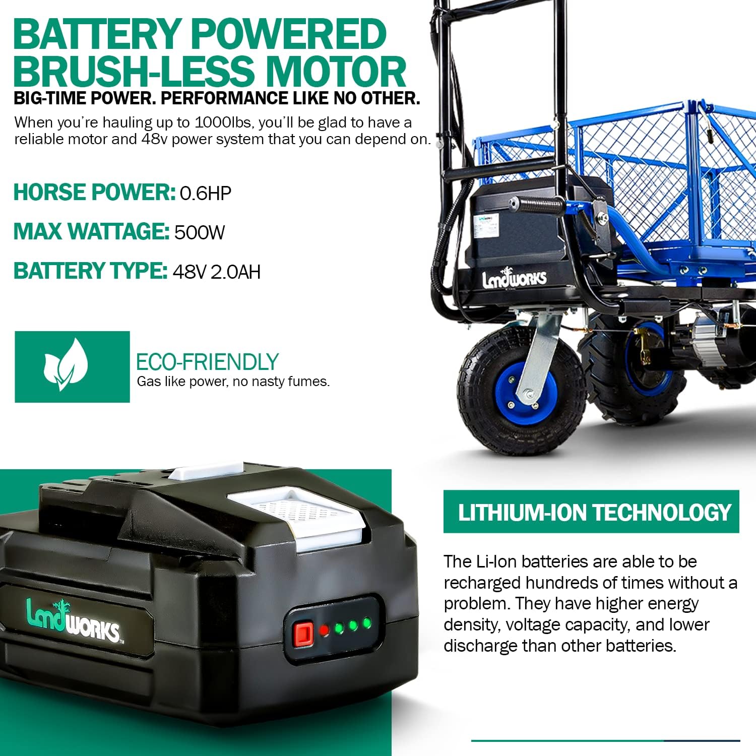 Landworks Utility Service Cart Wheelbarrow Power Wagon Super Duty Electric 48V DC Li-Ion Battery Powered 500LBS Load & 1000LBS+ Hauling Capacity Farm