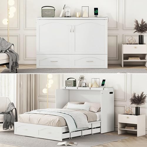 Queen Size Murphy Wall Bed with Storage, Bookcase Headboard, Solid Wood Cabinets, Shelves, Drawers and USB Ports