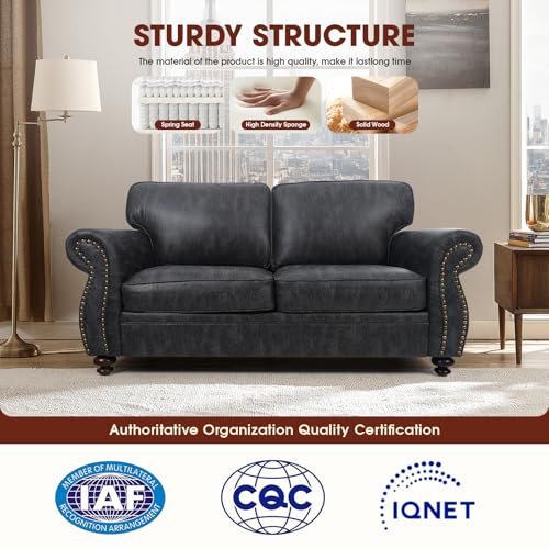 Mid-Century Vintage Sofa Couches with Rivet Design,3-Seater Sofa,Removable Sofa Cover Upholstered Cushions and Solid Wood Frame (Brown, 3-Seater)