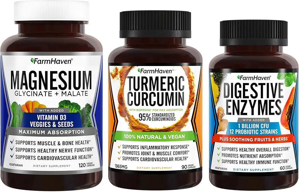 FarmHaven Magnesium Glycinate & Malate Complex w/Vitamin D3 & Turmeric Curcumin with BioPerine Black Pepper & Digestive Enzymes with 18 Probiotics &