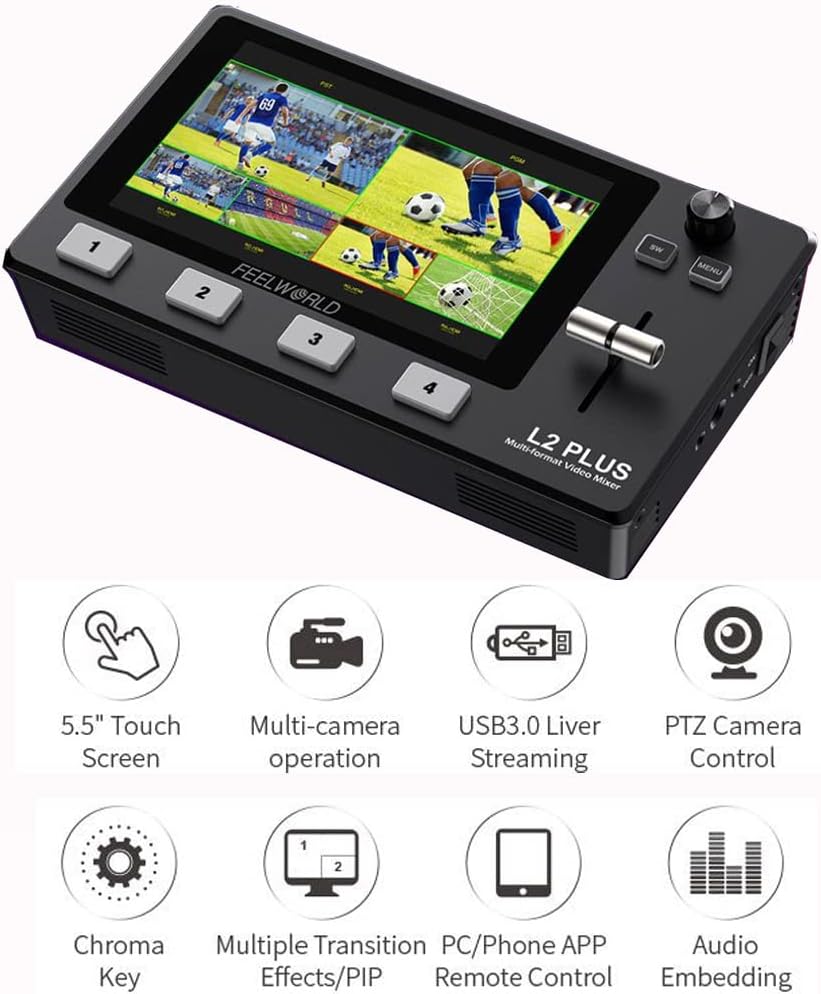 FEELWORLD L2 Plus 5.5 inch Camera Video Mixer Switcher PTZ Controller Chroma Key 4 x HDMI Inputs USB 3.0 Output Format for Live Streaming Built-in