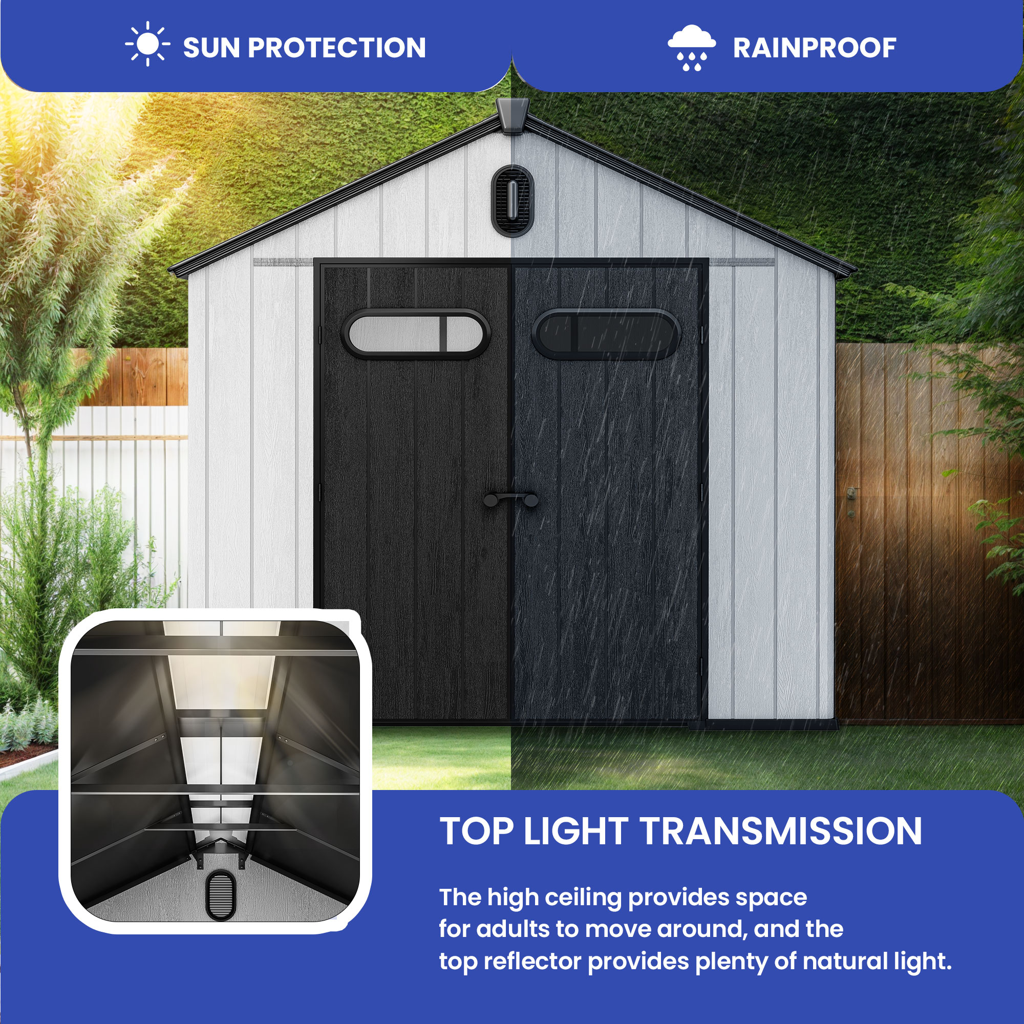 ModFusion 8x8 Ft Improved Natural Light, Outdoor Resin Storage Shed, 2 Door with Lock, Floor, Gable Roof, Windows, Air Vent, for Bike, Trash Can
