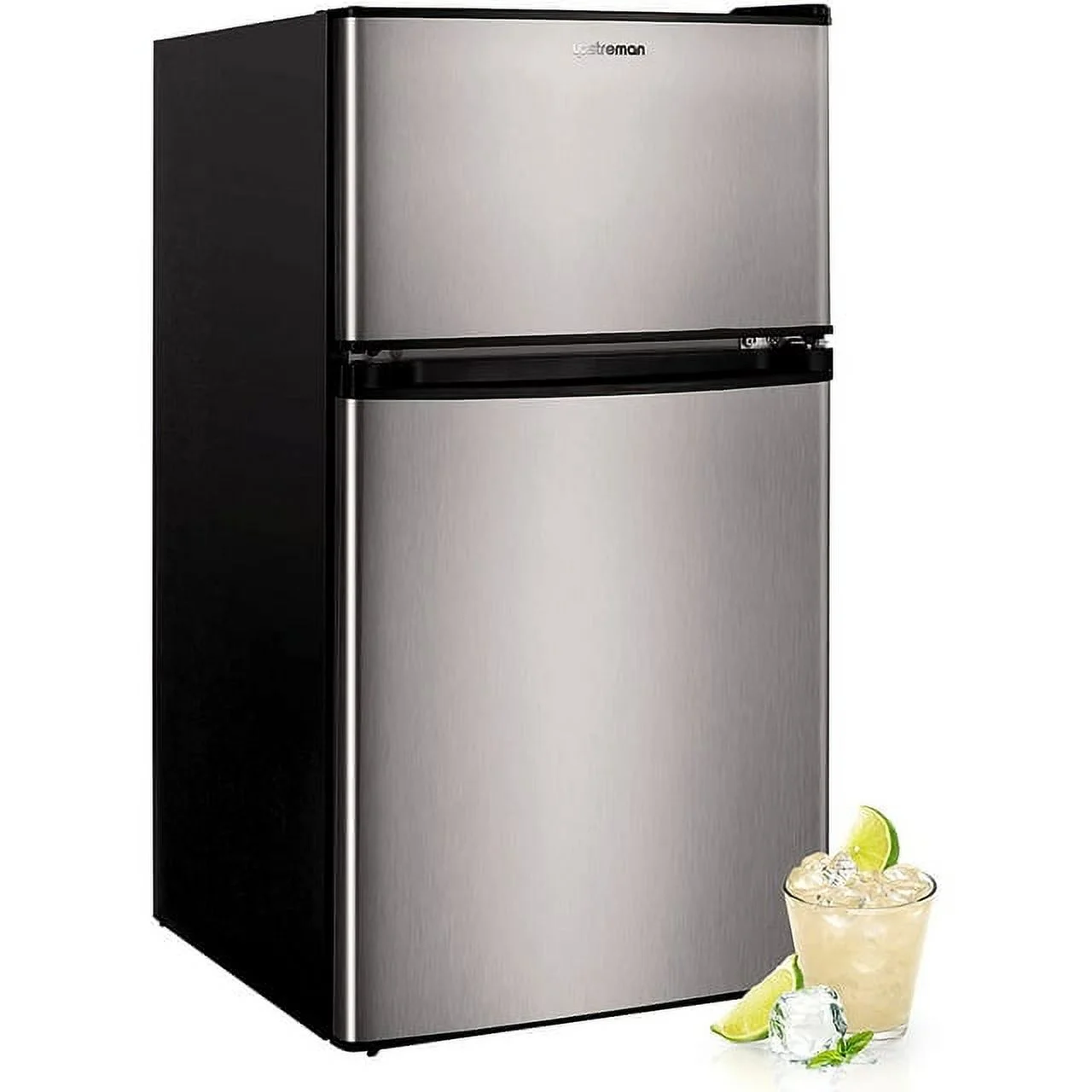 Upstreman 3.2 Cu.ft Mini Fridge with Freezer, Double Door Refrigerator-Classic Stainless