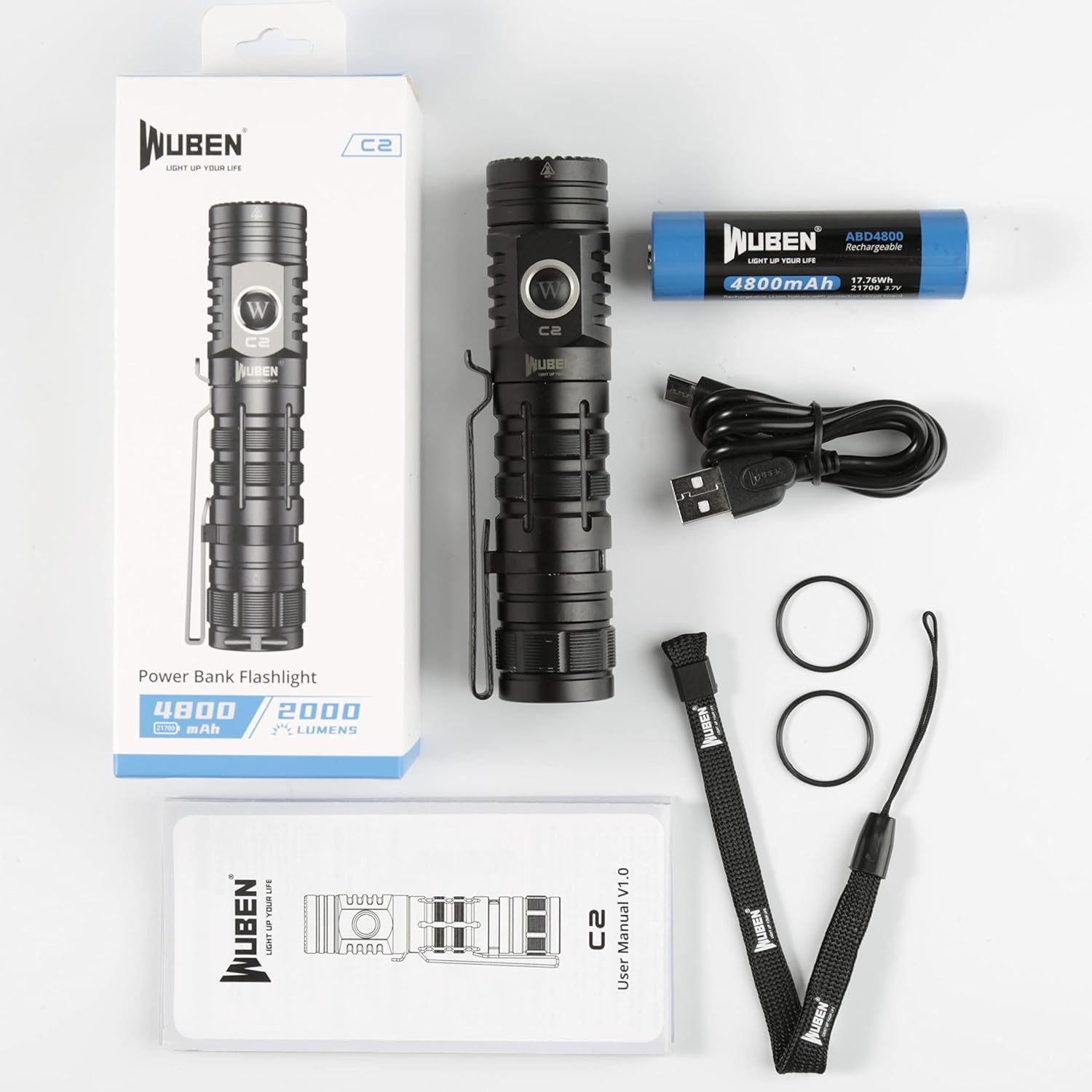 WUBEN C2 Rechargeable Flashlight 2000 High Lumens,Pocket Flashlight with Lanyard,7 Modes Flash Light,Type-c USB-A Dual Interface