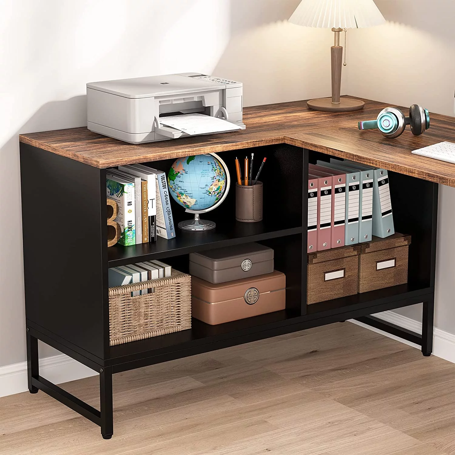 L Shaped Desk with File Cabinet  59 inch Large L-Shaped Office Desks with  Computer Corner Desks with Heavy-Duty Metal Frame Black Rustic Brown