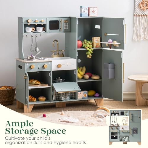 ROBUD Play Kitchen Set, Wooden Play Kitchen with Ice Maker, Fridge, Coffee Machine, Oven, Dishwasher, Microwave, Kitchen Accessories