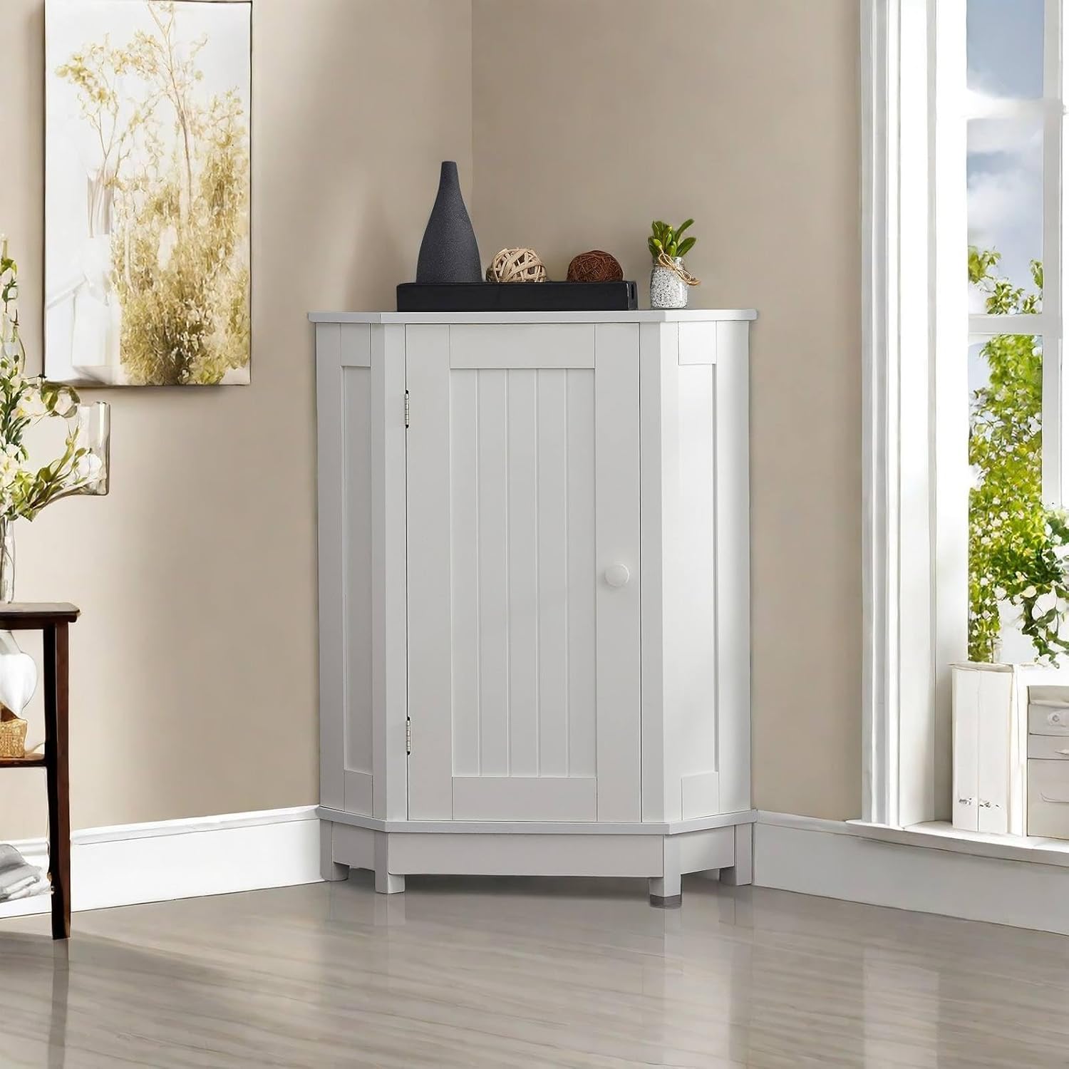 Stylish White Corner Cabinet with Adjustable Shelves, Space-Saving Design, Ideal for Bathroom, Living Room or Dining Room