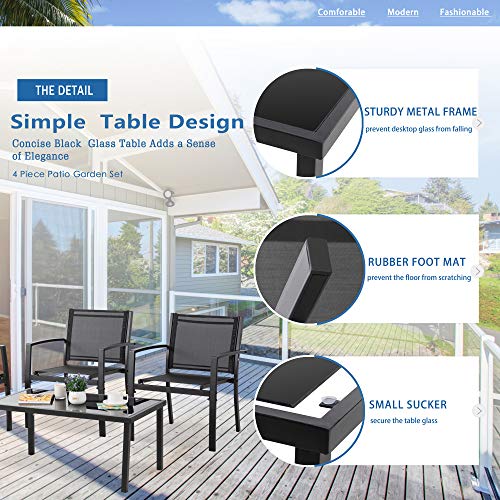 Vongrasig 4 Pieces Patio Furniture Sets,Outdoor Patio Conversation Sets with Glass Coffee Table, Small Porch Balcony Furniture