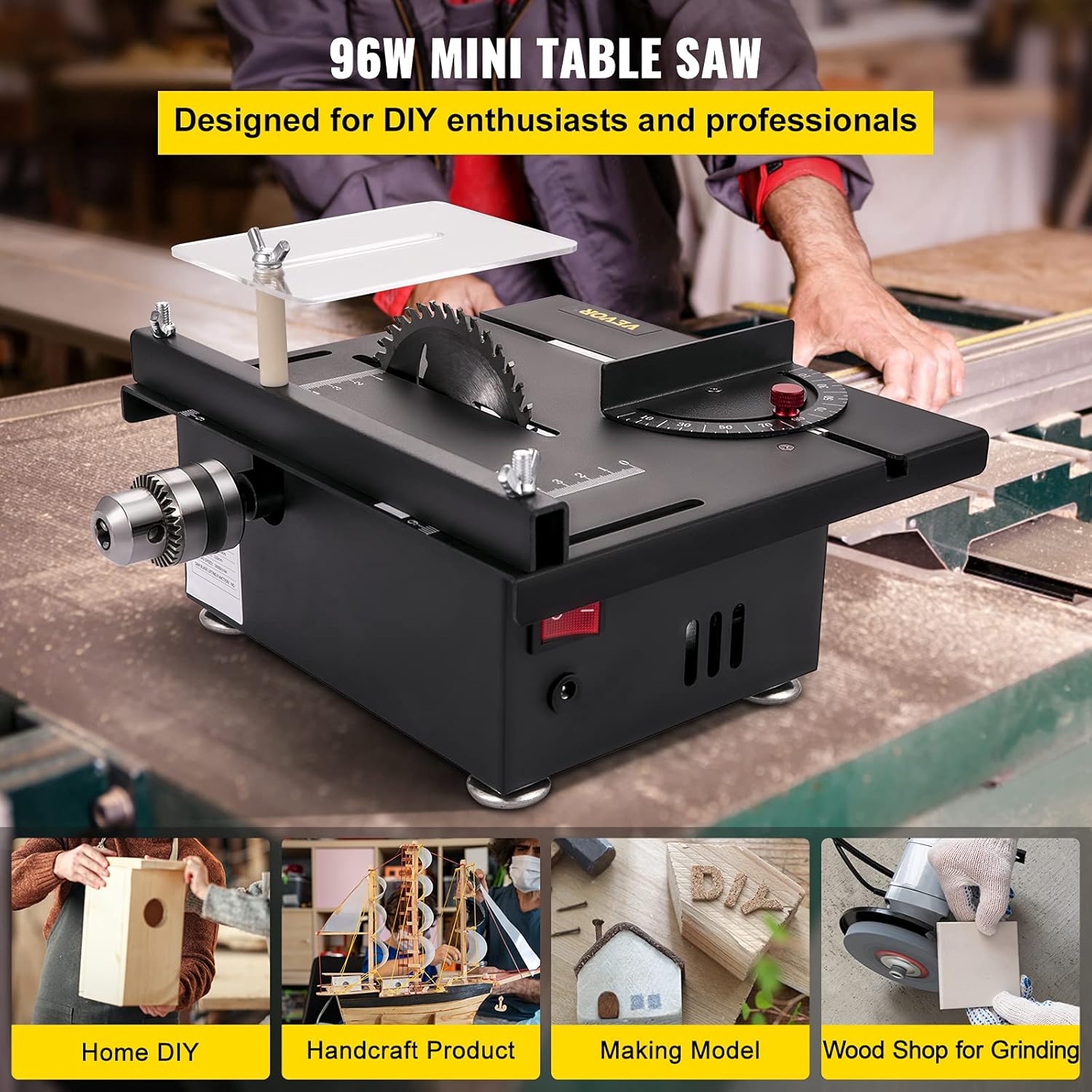VEVOR Mini Table Saw, 96W Hobby Table Saw for Woodworking, 0-90 Angle Cutting Portable DIY Saw, 7-Level Speed Adjustable Multifunctional Table Saws