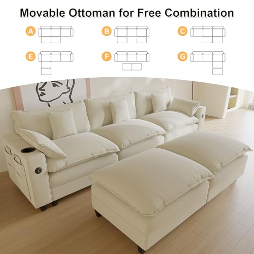 Modular Sectional Sofa, Cloud Couch with Ottoman, Charging Station, Throw Pillows, Cup Holders, Modern Convertible U Shaped Couches for Living Room