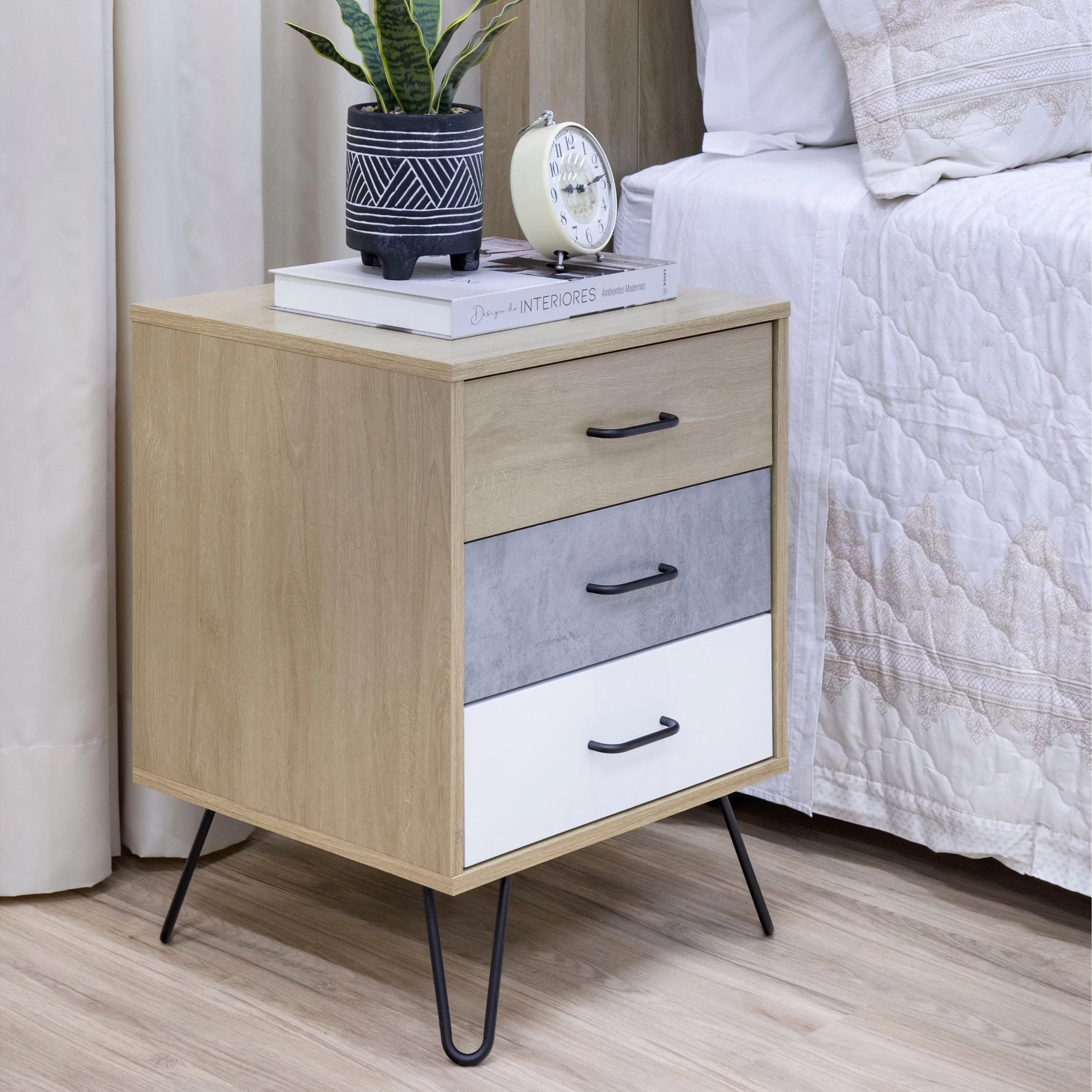 Harper 24 Inch Handcrafted Modern Tricolor Wood Nightstand, 3 Drawers, Metal Hairpin Legs, Oak, White, Gray