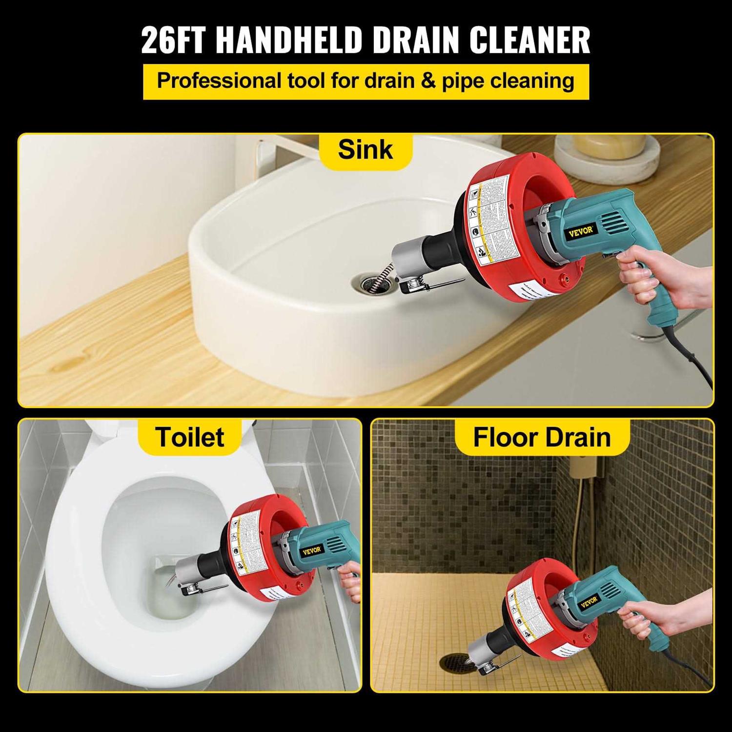VEVOR Drain Cleaner Machine 26 ft X1/3 inch 700W Electric Drain Cleaning Machine Drain Snake Drain Auger fit 0.8-2.6Pipes