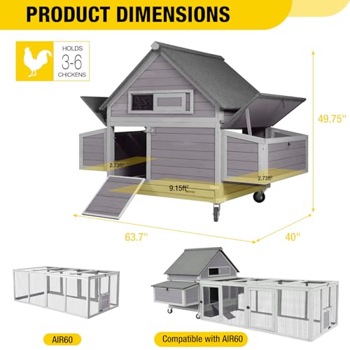 Aivituvin Chicken Coop with Wheels Outdoor Poultry Cage with Two Nesting Boxes 19ft&sup2; Wooden Hen House