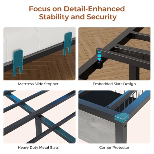 DICTAC Corner Full Bed Frame with Bookcase Storage and Led Lights Full Size Metal Platform Bed Frame with Storage Drawers & Charging Station Full