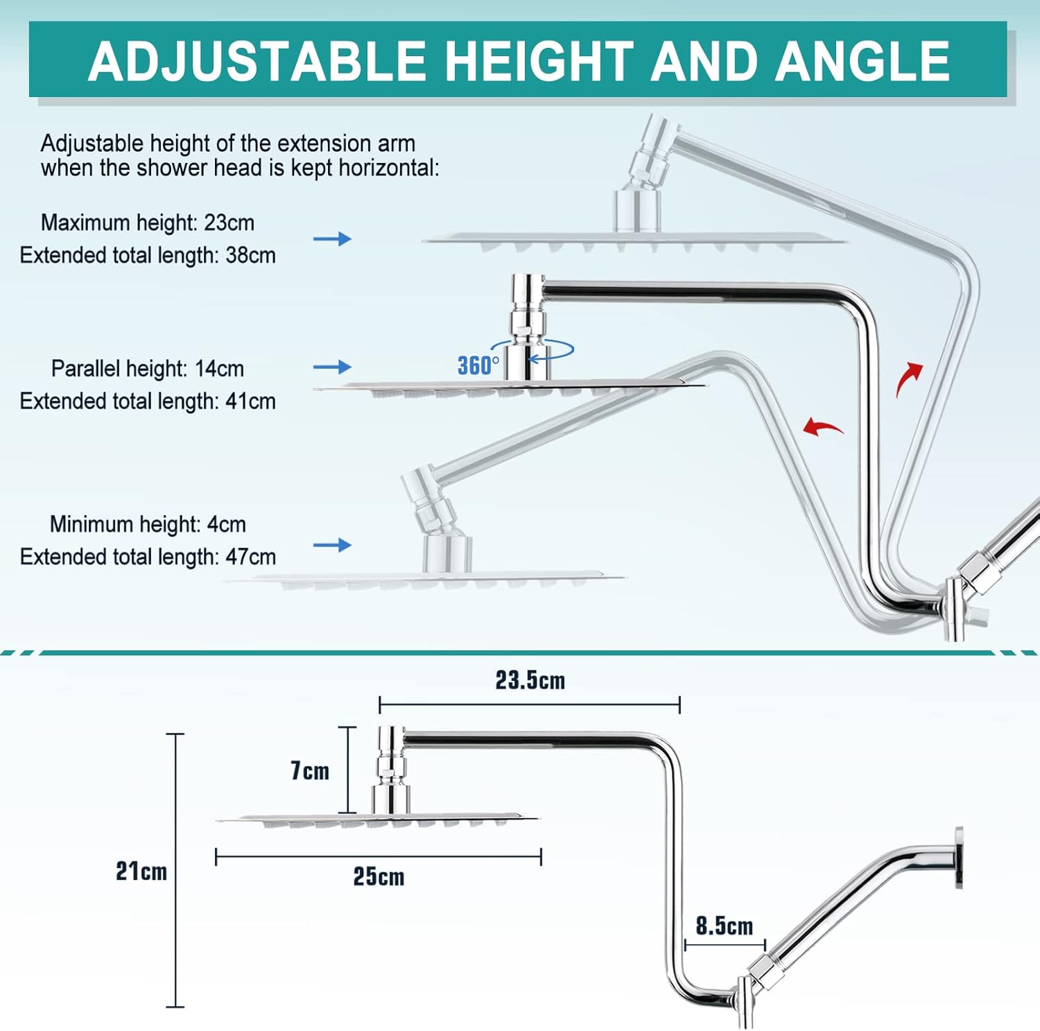10" High Pressure Rainfall Shower Head with Handheld Combo, Upgrade 12" Extension Arm Height Adjustable, Powerful Stainless Steel Shower Head