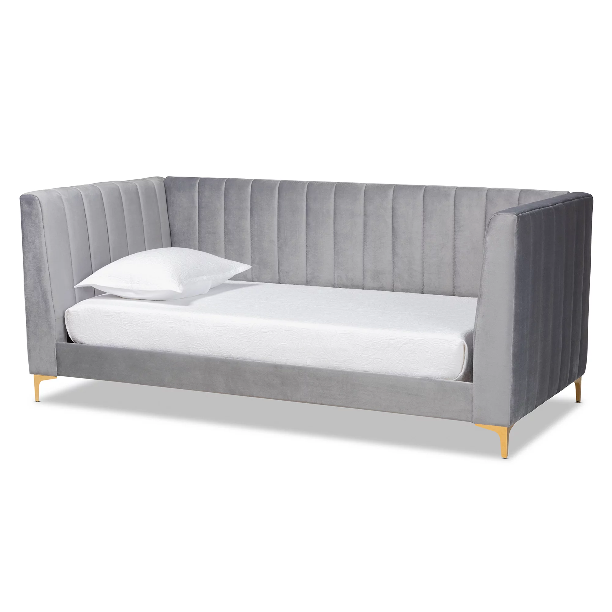 Baxton Studio Oksana Modern Contemporary Glam and Luxe Light Grey Velvet Fabric Upholstered and Gold Finished Twin Daybed