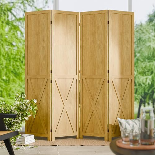 Cozy Castle Wood Room Divider, 4 Panel 66.9 Inch Privacy Screen, Folding Wall Divider, Barnwood Room Separator, Freestanding Partition
