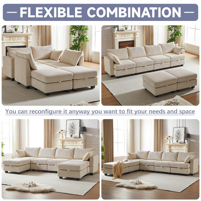 U Shaped Modular Sectional Sofa Couch, Corner Sofa with 4pcs Waist Pillows, Chaise Lounge, Terrycloth Fabric Sofa