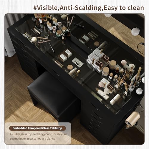 Vanity Desk with Mirror and Lights, Makeup Table with Charging Station, 3 Color Lighting Modes, 15 Drawers Dressing Table