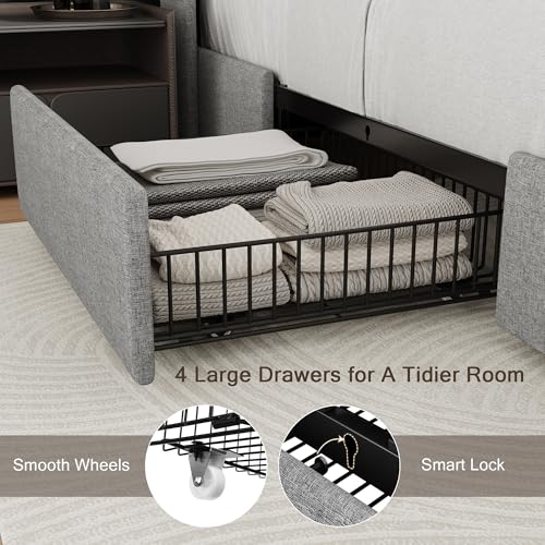 Queen Bed Frame with 4 Storage Drawers and Charging Station, Upholstered Platform Bed Frame with Storage Headboard, No Box Spring Needed