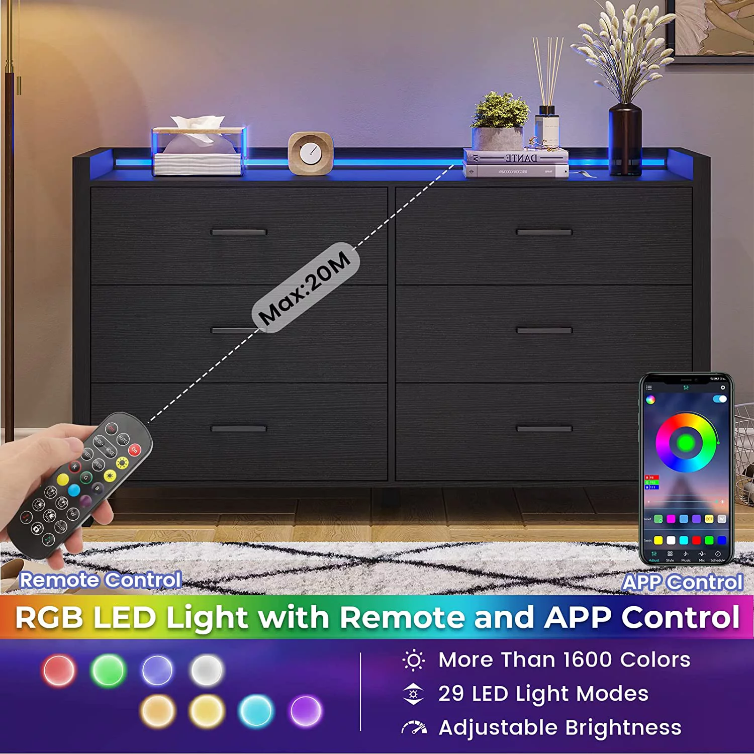 Black Dresser for Bedroom, 6 Drawer Double Dresser with LED Lights, Wood Chest of Drawers, Modern Storage Dresser for Bedroom