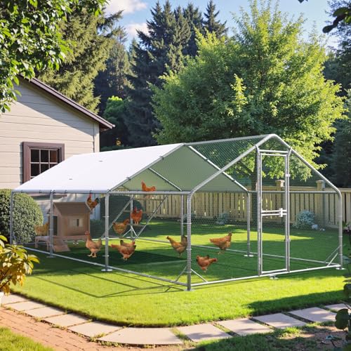 Large Chicken Coop,Metal Chicken Run for Yard with Feeding Door,Walk-in Chicken Pen for 10-20 Chickens,Outdoor Poultry Cage with Anti-UV Cover