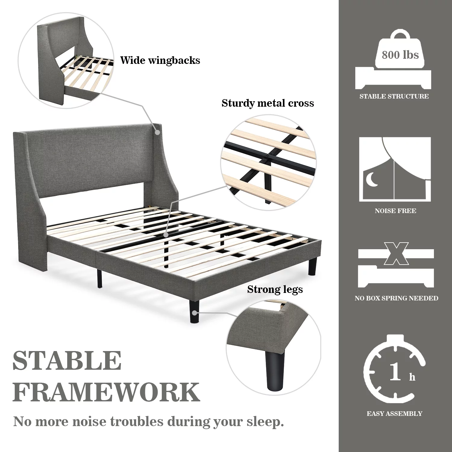 Allewie Full Size Fabric Upholstered Platform Bed Frame with Wingback Headboard, Light Grey