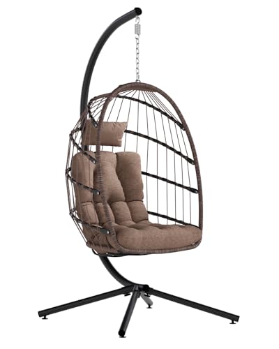 SWITTE Egg Chair Outdoor with Stand, Indoor Wicker Hanging Egg Swing Chair with Cushion, 350lbs Capacity for Patio, Bedroom, Garden - Gray