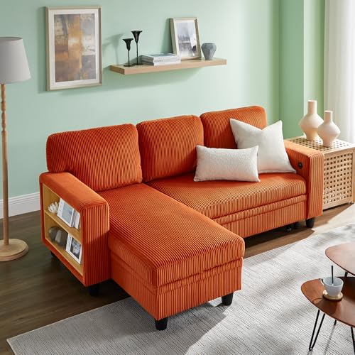 RedLemon 80” Sleeper Sofa Bed,L-Shaped Convertible Sectional Couch with Storage Chaise,2 Built-in Bookshelves and USB Charging Port