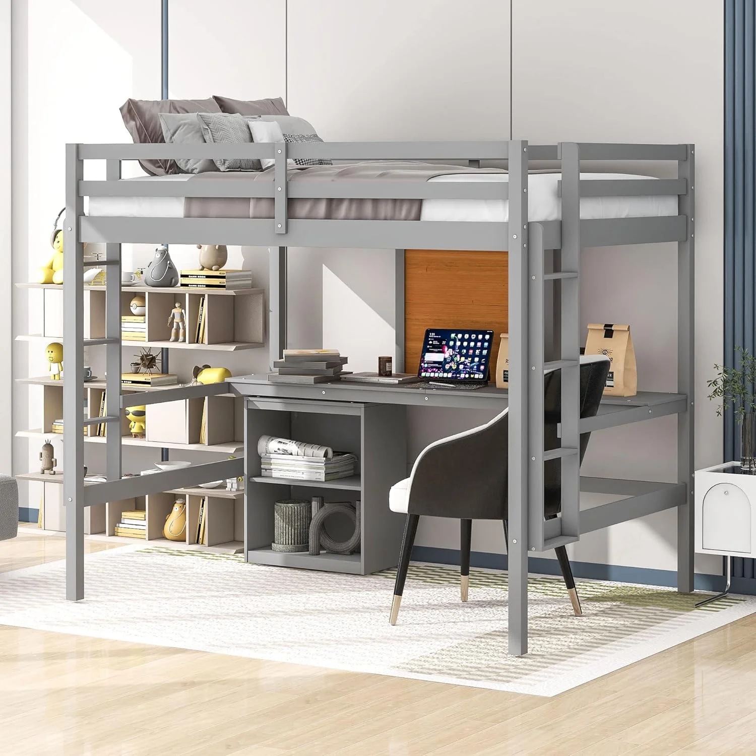 Full Size Loft Bed Frame With Desk, Storage Shelves And Writing Board, Wood Loft Beds With Two Ladders And Moveable 2-Shelf Cabinet