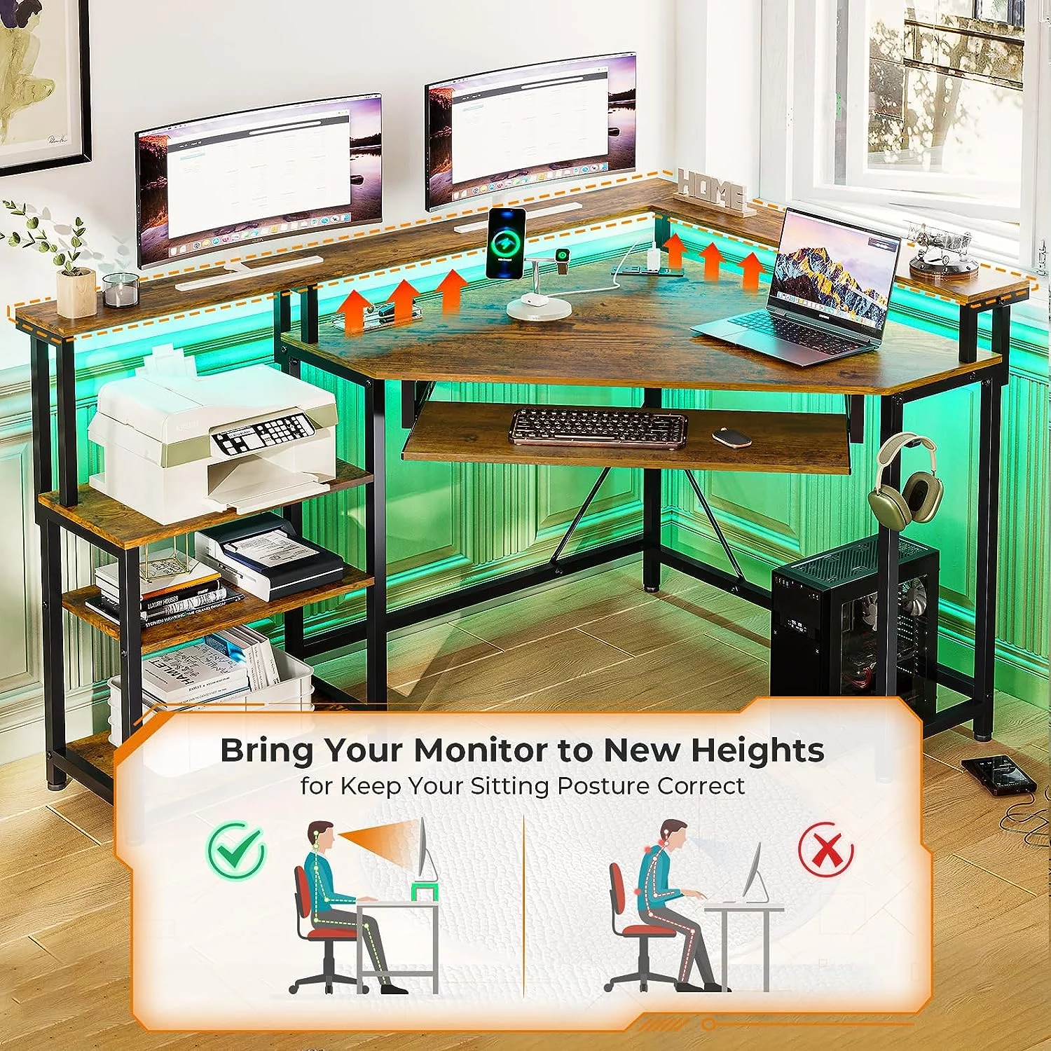 Computer Desk with USB Charging Ports,Corner Desk Gaming Desk with LED Lights, Home Office Desk with Storage for Small Space, Rustic Brown