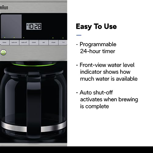 Braun BrewSense 12-Cup Drip Coffee Maker, Stainless Steel - PureFlavor & Fast Brew System - Three Brew Modes - 24-Hour Programmable Timer