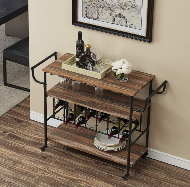 HOMYSHOPY Industrial bar cart with wine rack and glass rack, mobile wine cart with wheels suitable for households