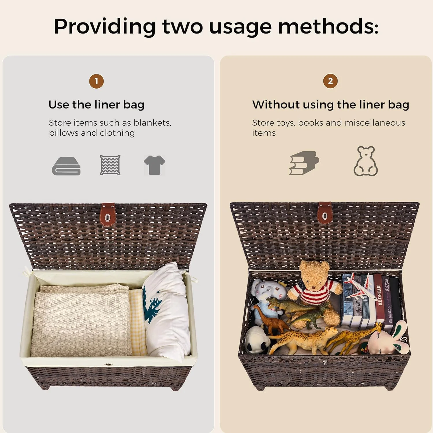 Wicker Storage Basket with Lid,Rattan Shelf Basket with Removable Liner Bag,160L Storage Bin,Storage Trunk with Heightened Feet