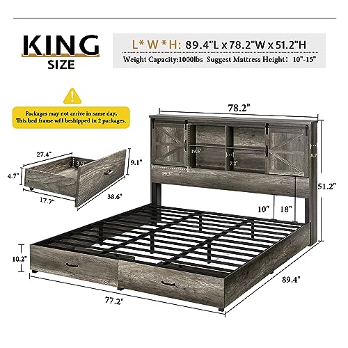 VanAcc Full Size Bed Frame, Wooden Platform Storage Bed with 51.2" Bookcase Headboard, 2 Drawers