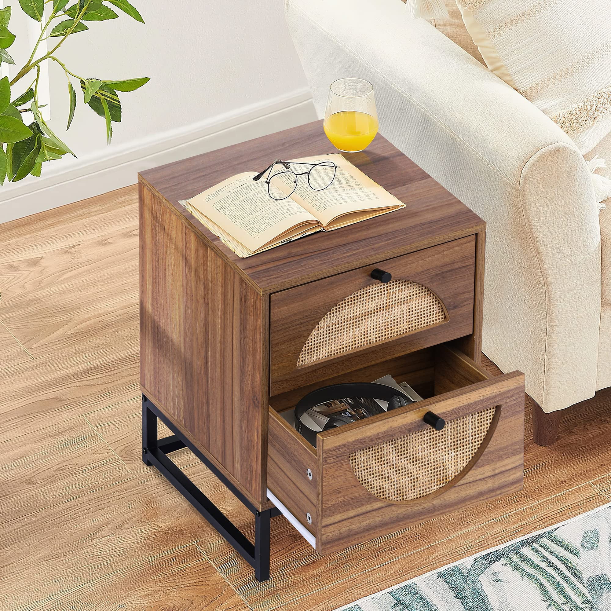 AWQM Rattan Nightstand with 2 Drawer, 2-Pieces Farmhouse End Table Small Accent Table with Storage,Wood Bedside Table Accent Cabinet for Small Space