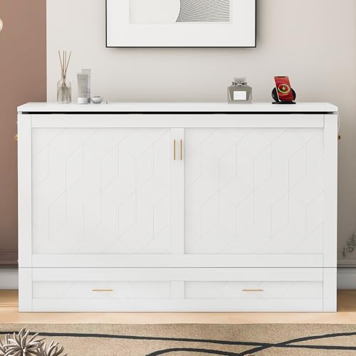 Harper & Bright Designs Queen Size Murphy Wall Bed, Chest Cube Cabinet With USB, Charging Station and Large Storage Drawer for Home Office
