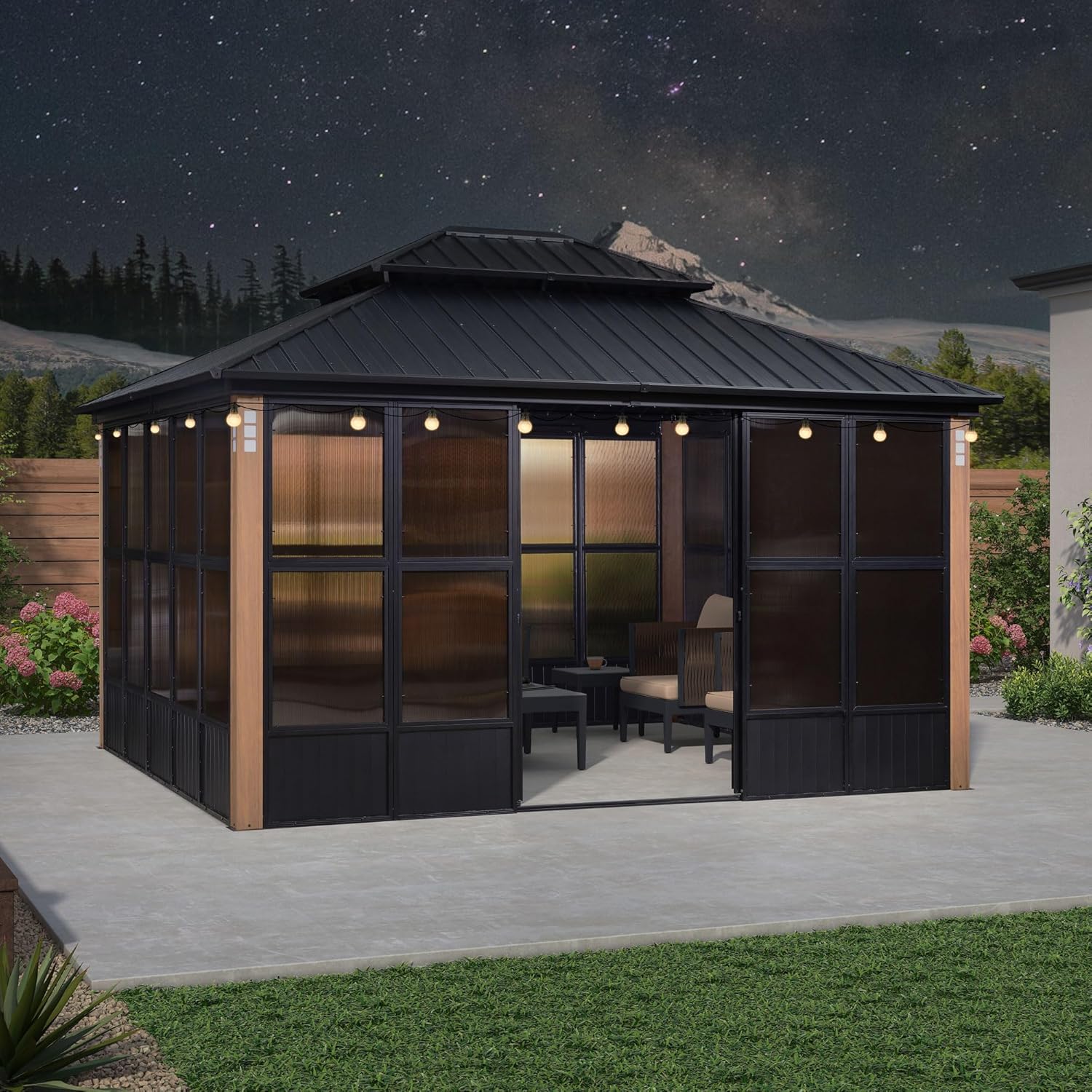 PURPLE LEAF 12' X 14' Patio Hardtop Gazebo Double Top Outdoor Screen House Aluminum Solarium Backyard Sun Room with Detachable Windows and 24 Solar
