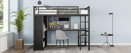 Bellamave Metal Loft Bed with Wardrobe and L-Shaped Desk, Full Size Loft Bed with Storage Cubes and Shelves, Heavy Duty LoftBed for Kids Teens Adults