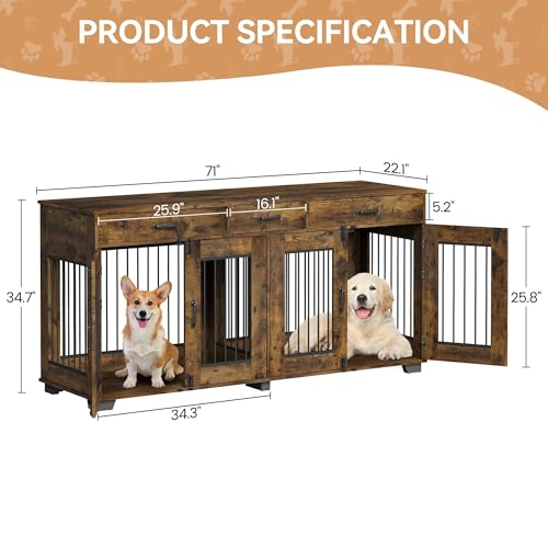 Dog Crate Furniture for 2 Dogs, 71'' XXL Indoor Dog Kennel with 3 Drawers and Removable Room Divider