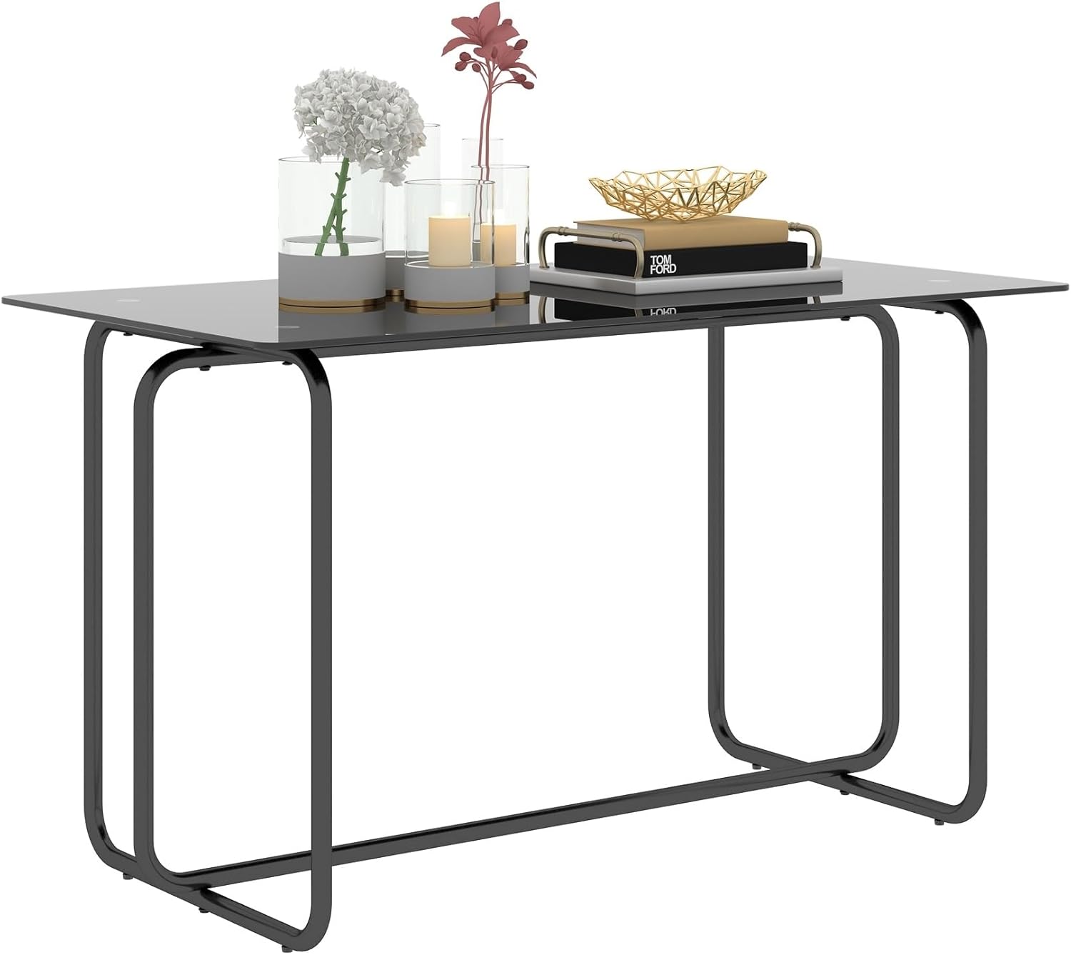 Overstock Modern Rectangle Dining Table Tempered Glass Tabletop with Metal Frame Transparent+Black