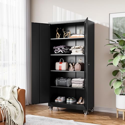 Metal Garage Storage Cabinet with Wheels,Metal Storage Cabinet with Adjustable Shelves,Steel Tool Cabinets with Locking Door for Home, School, Office