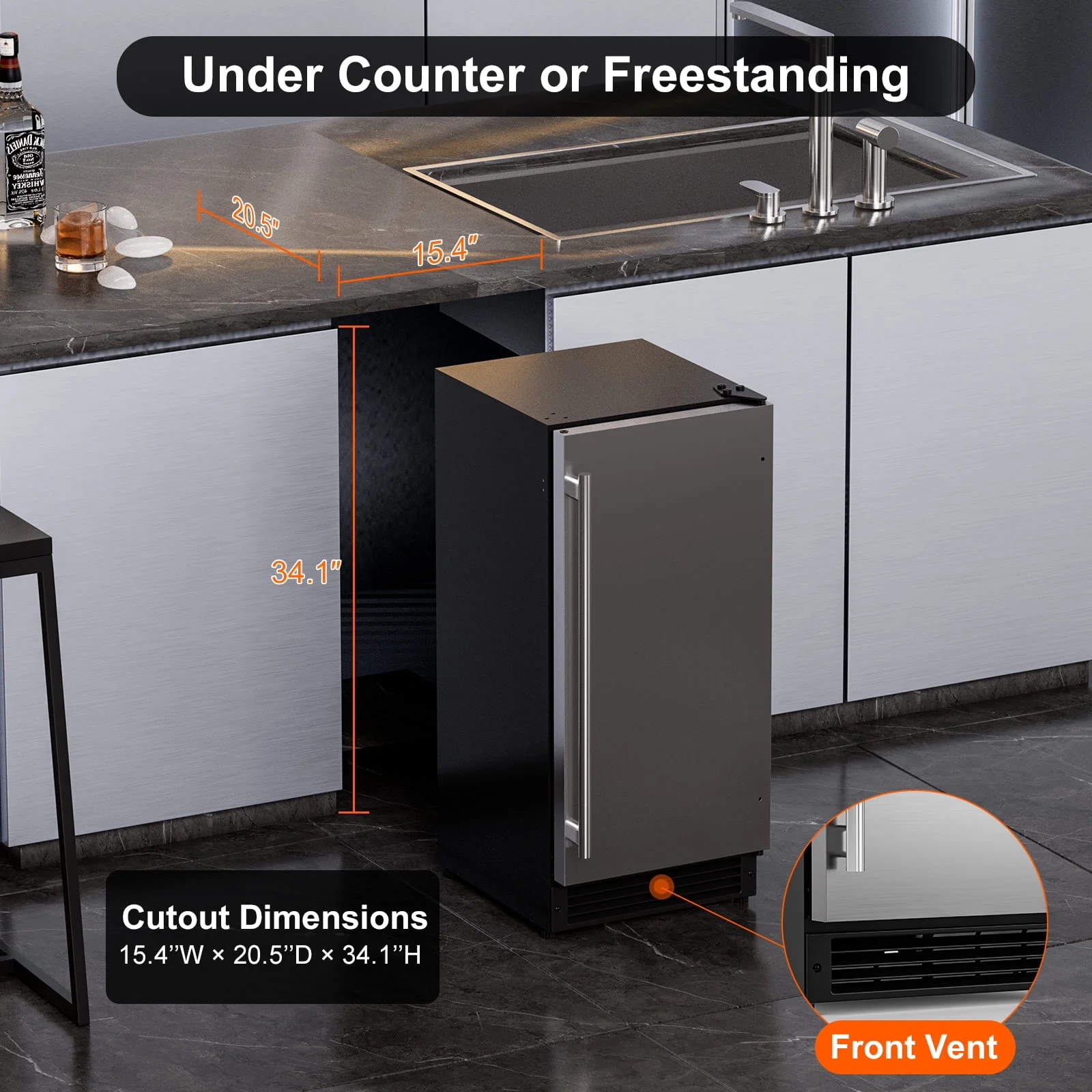COTLIN 15" 22LBS/24H Built-in Stainless Steel Crescent Ice Maker IMC25BI